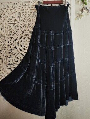 Ideology Velvet Maxi Tiered Skirt in Dark Navy